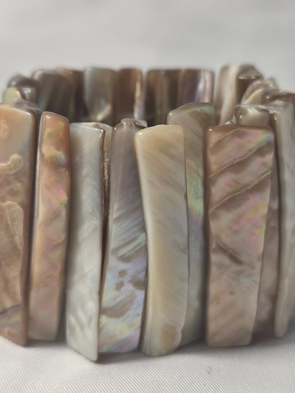 Wide Abalone Bracelet Brown & Gray-Tone Vertical Slices Stretch